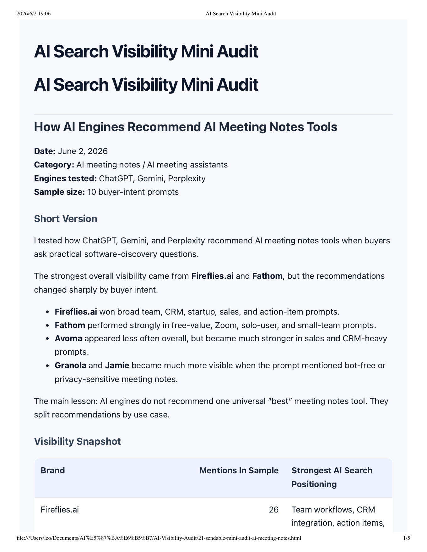 Preview of the AI meeting notes sample audit report